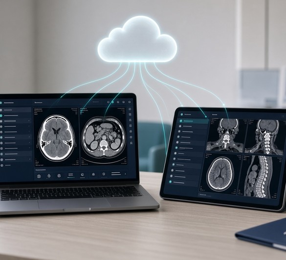 Cloud PACS viewer showing CT and MRI studies on a laptop and tablet