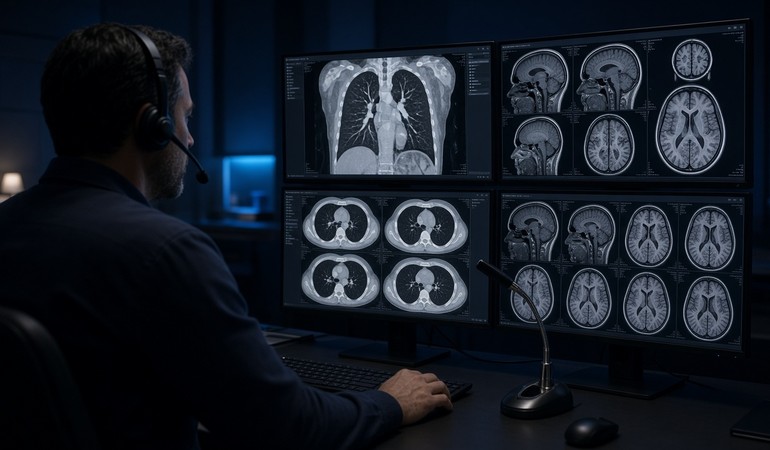 Radiologist reading CT and MRI studies at a diagnostic workstation