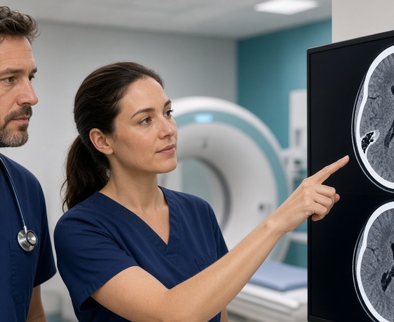 Clinicians reviewing a CT scan in a hospital imaging department